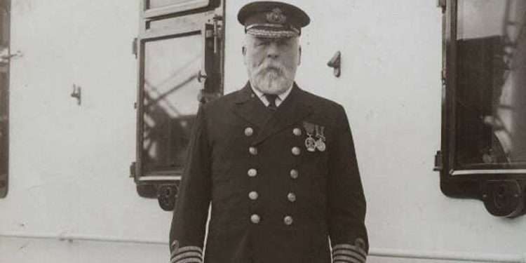 Captain Edward John Smith of Hanley in naval uniform aboard ship in 1911