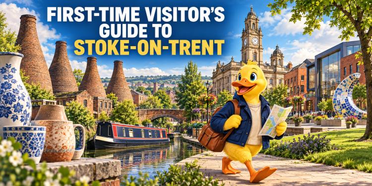 Illustrated first-time visitor’s guide to Stoke-on-Trent featuring bottle kilns, ceramics, a canal narrowboat, civic architecture, green space and the Stoke-on-Trent Duck mascot