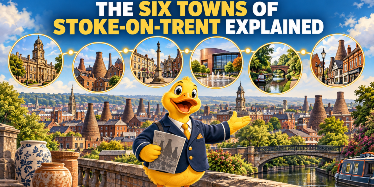 Illustrated guide to the six towns of Stoke-on-Trent, showing connected scenes of civic buildings, bottle kilns, canals, green spaces and the Stoke-on-Trent Duck mascot